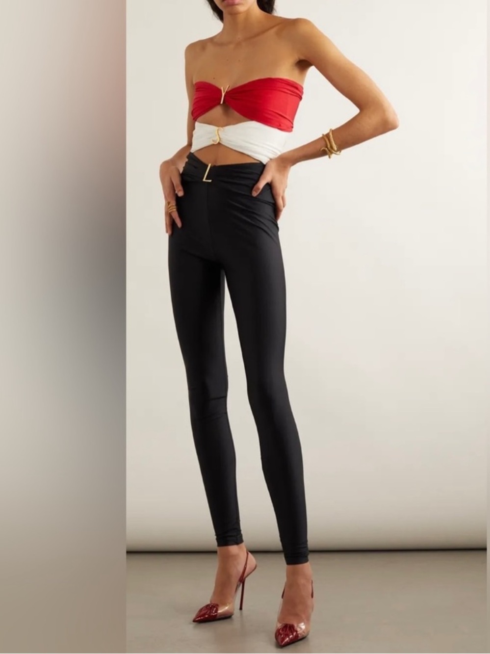 Saint Laurent Paris YSL Monogram Cutout Strapless Jumpsuit Black Red White Gold